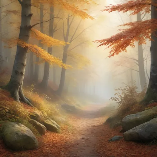 Prompt: High-resolution digital painting of a serene woodland, vibrant autumn foliage, misty atmosphere, detailed leaves, tranquil mood, soft lighting, professional, realistic, autumn colors, misty ambiance, serene atmosphere, peaceful, highres, ultra-detailed, digital painting, tranquil, misty woodland, vibrant foliage, detailed leaves, serene, realistic lighting