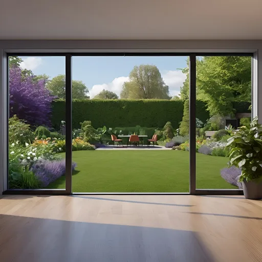 Prompt: Create a background image for Microsoft Teams showing an office with view to garden
