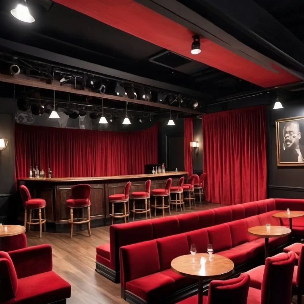 Prompt: jazz bar with giant wooden stage and red velvet seats dark colors