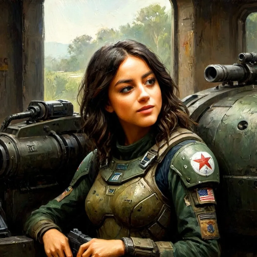 Prompt: Portrait painting of Chloe Bennett in a USCM marine armor from Aliens leaning against a UA 571-C sentry gun. Ultra realistic, concept art, intricate details, highly detailed, photorealistic, eerie, octane render, 8 k, unreal engine. art by artgerm and greg rutkowski and magali villeneuve and alphonse mucha