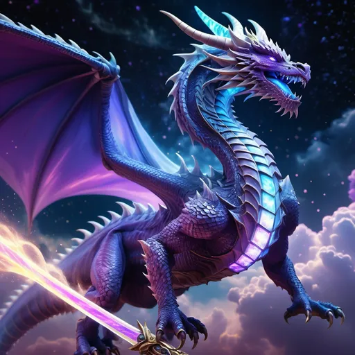 Prompt: (magical dragon), (plasma sword) glowing with vibrant energy, swirling colors of blue and purple, intricate scale details reflecting light, fierce noble expression, dynamic pose as it hovers mid-air, mystical clouds swirling in the background, ethereal atmosphere, accented by shimmering stars and faint nebulae, high depth cinematic masterpiece, ultra-detailed.