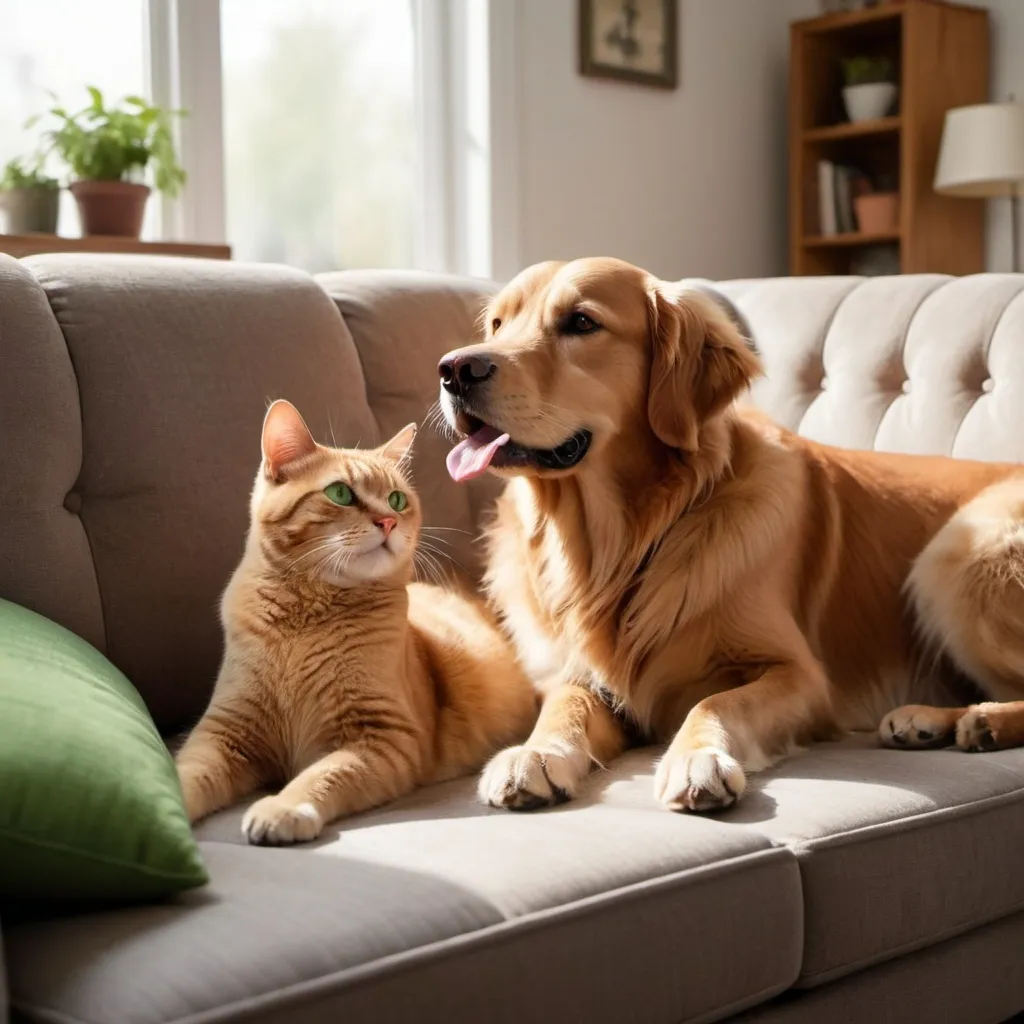 Prompt: The scene shows a friendly dog and cat sitting side by side on a cozy living room couch. The dog is a golden retriever with a cheerful expression, tongue hanging out slightly. The cat is an orange tabby with brilliant green eyes, looking Alert but not alarmed by the dog's presence.
The couch is a warm burgundy color with plush cushions. In the background is a window with sunlight streaming in, creating a warm and inviting ambiance. On the floor next to the couch is a dog's chew toy and a cat scratching post.
The dog has its paw gently resting on the cat's back in a loving way, showing the bond between the two household pets. Their body language conveys a sense of contentment and peacefulness as theycuddle together enjoying each other's company.
Let me know if you would like me to elaborate on any other details to make the description more vivid and helpful for visualizing and recreating the heartwarming scene.