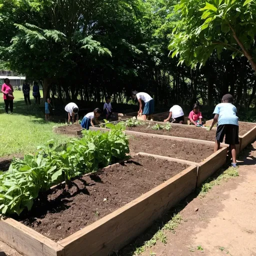 Prompt: The area was outside the kindergarten pen and part of the main field of the school. There were several raised veggie beds that each classroom was assigned to and mainted. Over the summer parents and teachers helped maintain the beds. Beside the beds was an opening surronded on all sides by tall plants and bushes, providing an almost "hidden" space. Beyond that there was a tall tree providing shade up to the fence, beaneath the tree was a fallen tree which children could climb on or use as a bench. There were many hidden passage ways in and out of the area, food for the students to pick and eat and lots of shade. 