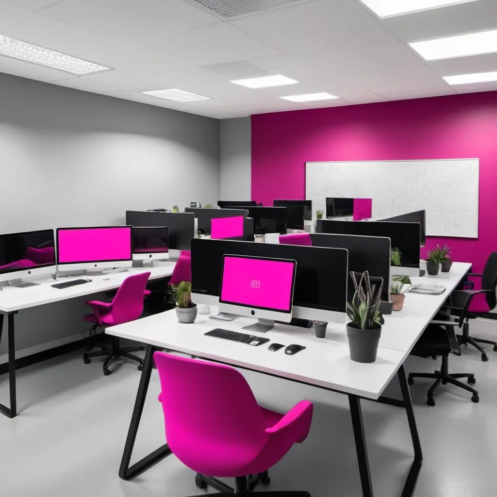 Prompt: we web design team in a modern office with a neutral grey theme but with a magenta accent colour
