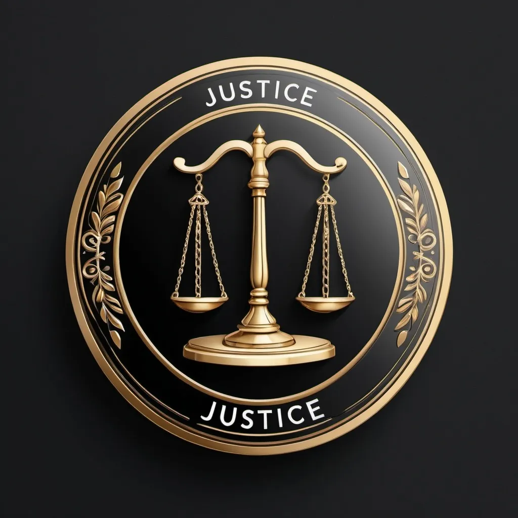 Prompt: A mostly gold 2d badge that embodies the value " JUSTICE " and also have the word in the middle of the badge