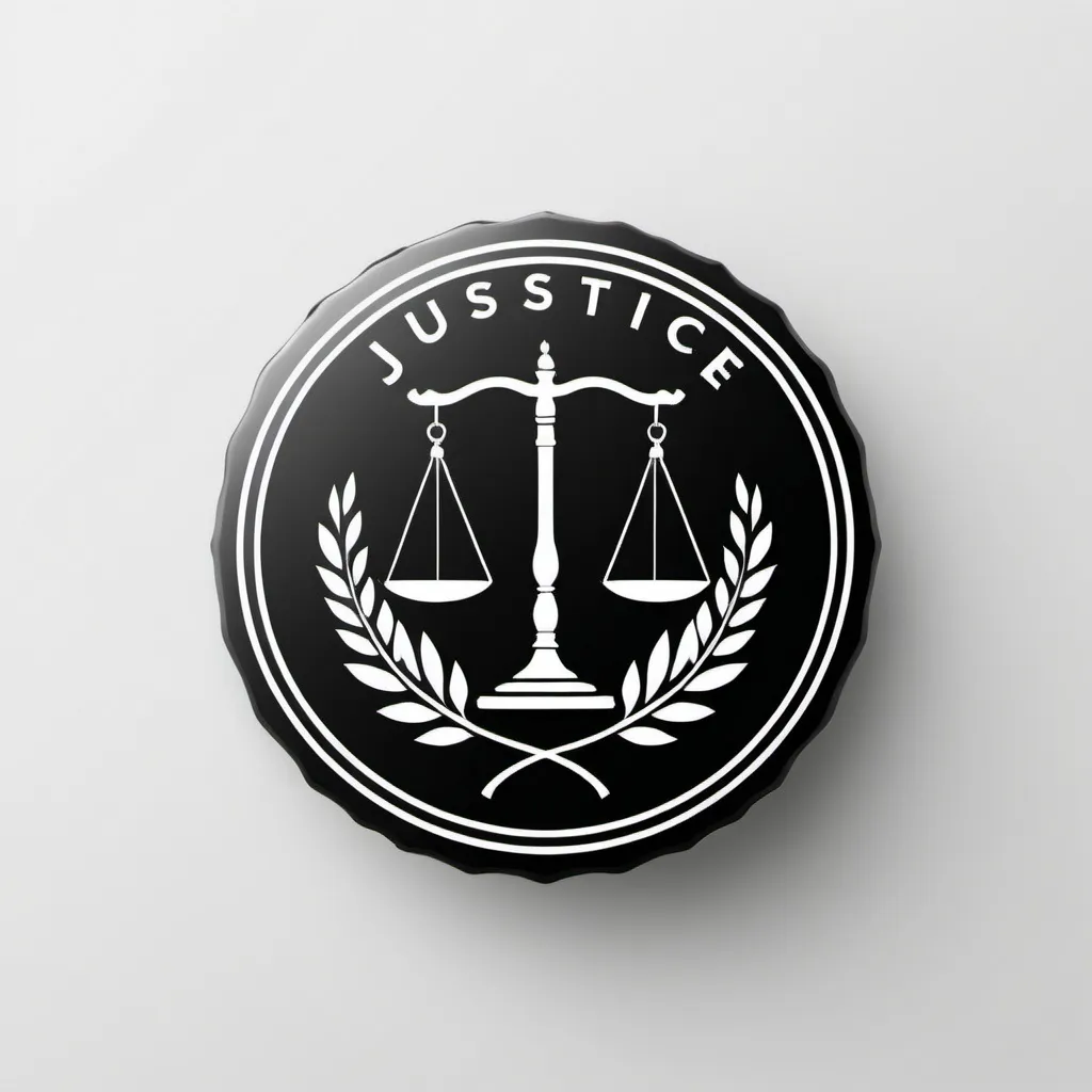 Prompt: A 2d badge that embodies the value JUSTICE  and also have the word in the middle of the badge