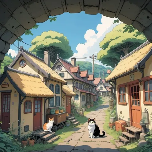 Prompt: hidden cat's village in a old underground train station, tiny houses and lots of cats ,2d studio ghibli anime style, 