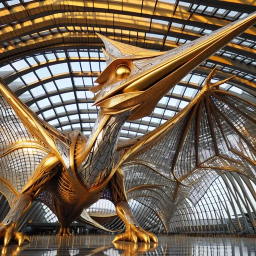 Prompt: a structure of metal and gold looking like a gigantic pterodactyl