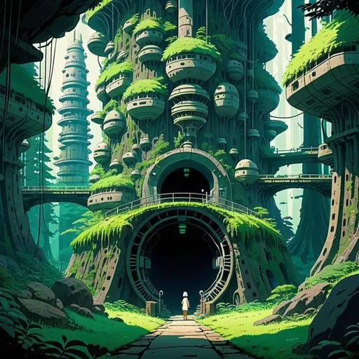 Prompt: futuristic huge underground hidden city in the forest 2d studio ghibli animated style