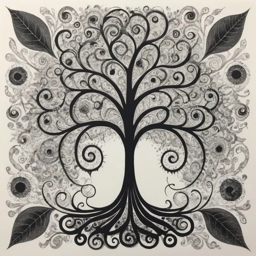 Prompt: Black ink drawing on white paper of an intricate pattern with swirls and spirals, resembling the branches or leaves of a tree, but filled in to create psychedelic patterns within each leaflike shape. The design is bold yet graceful, evoking both strength and beauty. In the background is a tentacle with no head that has black eyes. The drawing was made in the style of hand using only black pen, creating a stark contrast between light and dark areas, adding depth and texture to the artwork.