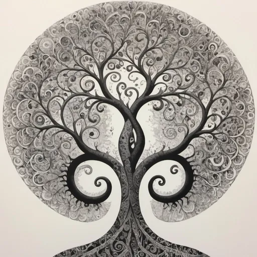 Prompt: Black ink drawing on white paper of an intricate pattern with swirls and spirals, resembling the branches or leaves of a tree, but filled in to create psychedelic patterns within each leaflike shape. The design is bold yet graceful, evoking both strength and beauty. In the background is a tentacle with no head that has black eyes. The drawing was made in the style of hand using only black pen, creating a stark contrast between light and dark areas, adding depth and texture to the artwork.