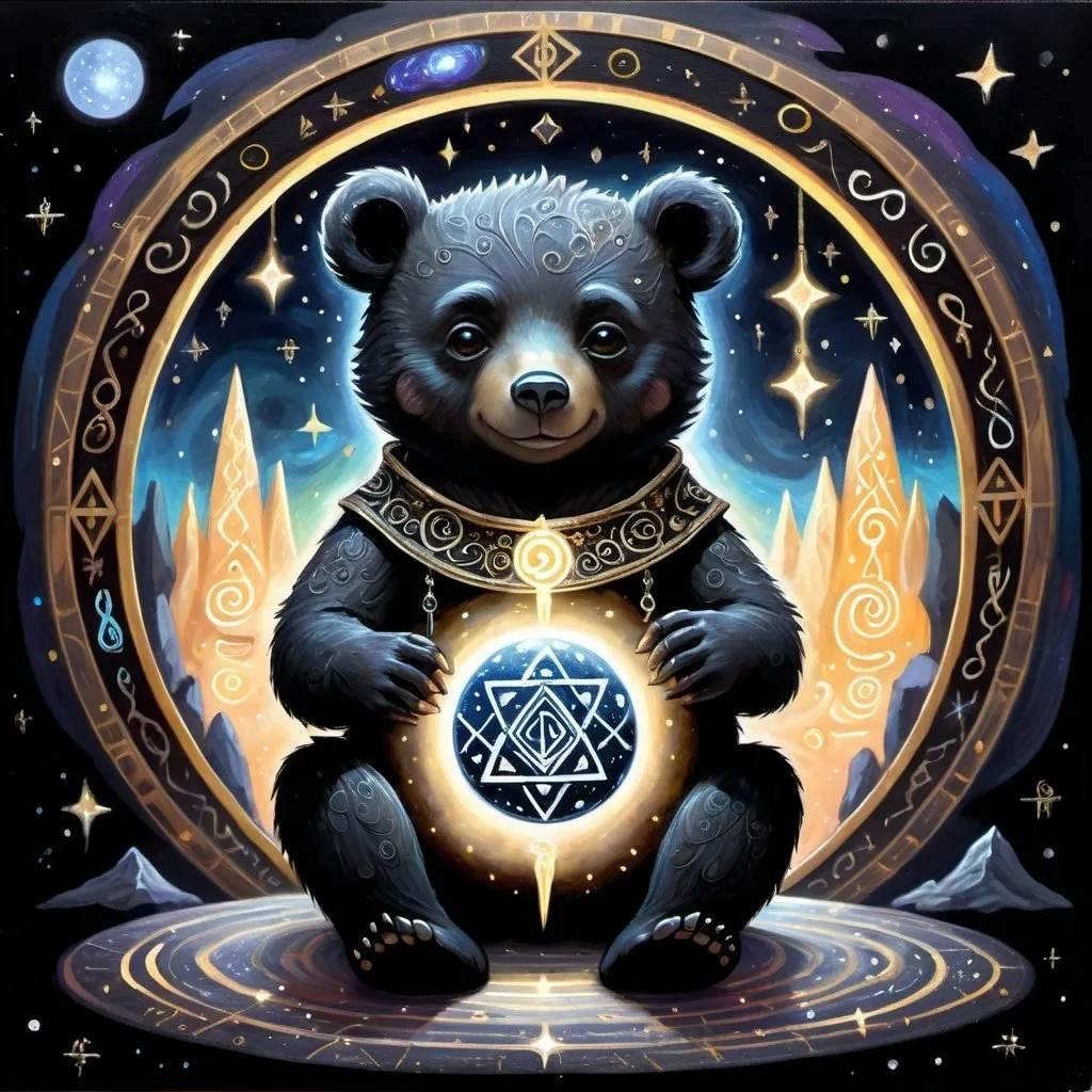 Prompt:  A detailed oil painting of an adorable little black bear sitting on top the earth, surrounded by swirling cosmic patterns and ancient runes written in otherworldly script. The background is a starry night sky with distant galaxies visible through a window. A thin mist swirls around him as he holds his golden orb. In one hand, he wields a sword that glows softly under neon lights. He wears dark covered in symbols and lace. This artwork has intricate details and a dreamy atmosphere. 
