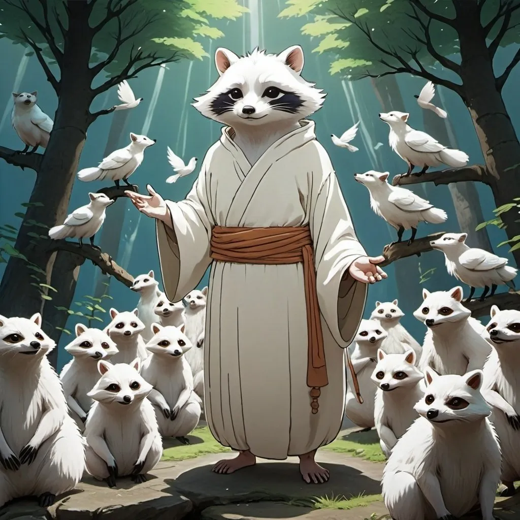 Prompt: large and tall fairy creature looking like a white raccoon dressing like a monk and speaking to a group of birds, a white aura is wrapping him,  2d studio ghibli anime style ((masterpiece, best quality))