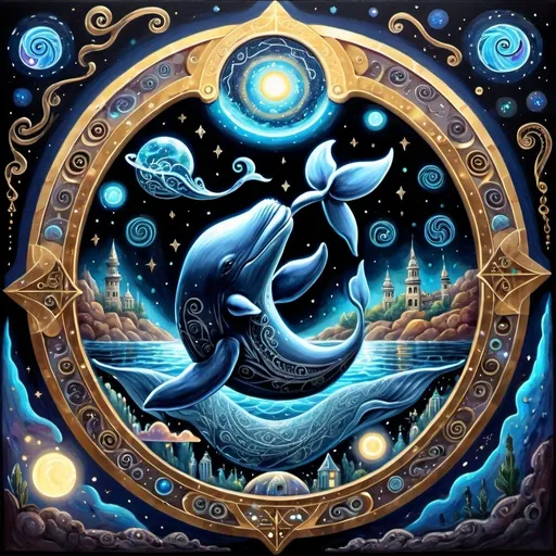 Prompt:  A detailed oil painting of an adorable little whale on top the earth, surrounded by swirling cosmic patterns and ancient runes written in otherworldly script. The background is a starry night sky with distant galaxies visible through a window. A thin mist swirls around him as he holds his golden orb. In one hand, he wields a sword that glows softly under neon lights. He wears dark covered in symbols and lace. This artwork has intricate details and a dreamy atmosphere. masterpiece, 4K
