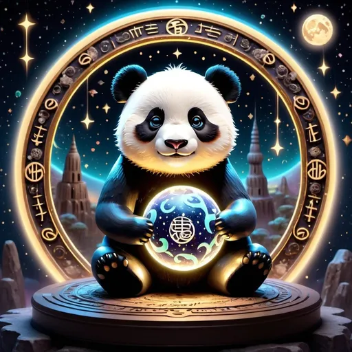 Prompt:  A detailed 3d style of an adorable little panda on top the earth, surrounded by swirling cosmic patterns and ancient runes written in otherworldly script. The background is a starry night sky with distant galaxies visible through a window. A thin mist swirls around him as he holds his golden orb. In one hand, he wields a sword that glows softly under neon lights. He wears dark covered in symbols and lace. This artwork has intricate details and a dreamy atmosphere. masterpiece, 4K
