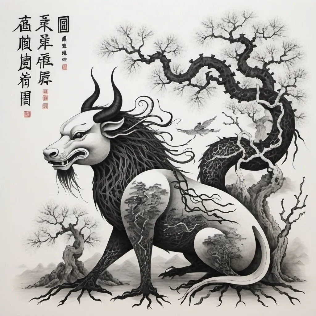 Prompt: 2d black and white drawing, like chinese writing, forming animals, covering all the page like roots
