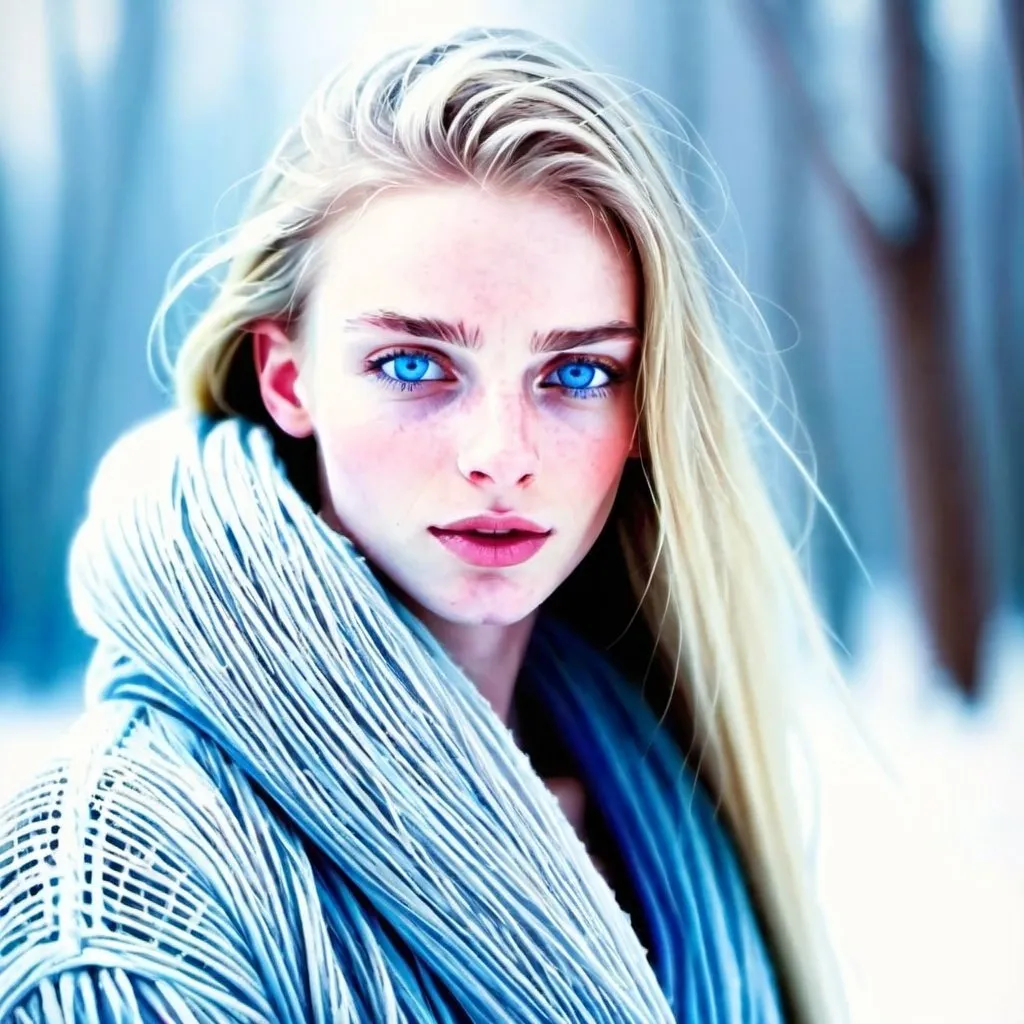 Prompt: a gorgeous thin young woman white hears, blue eyes, cold 