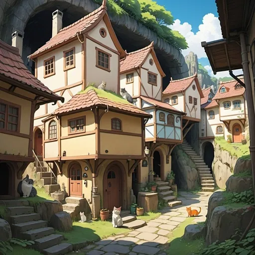 Prompt: hidden cat's village in a old underground city for cat, tiny houses and lots of cats ,2d studio ghibli anime style, 