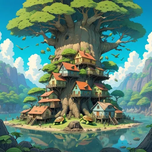 Prompt: hidden evolved turtles village in a massively huge old tree, tiny houses and lots of evolved turtles walking around,2d studio ghibli anime style, 