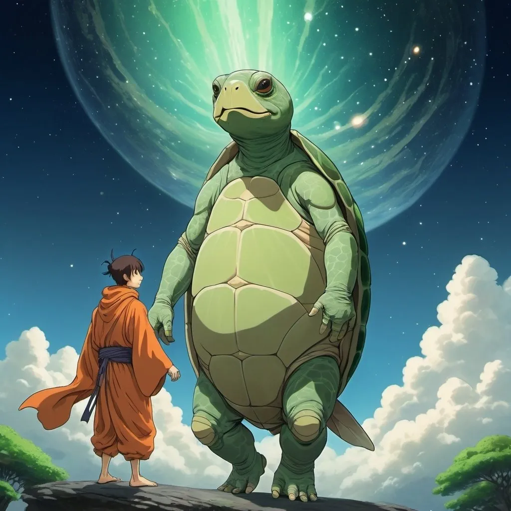 Prompt: large and tall fairy creature looking like a turtle and a human is dressing like a monk, he float in space, 2d studio ghibli anime style ((masterpiece, best quality))