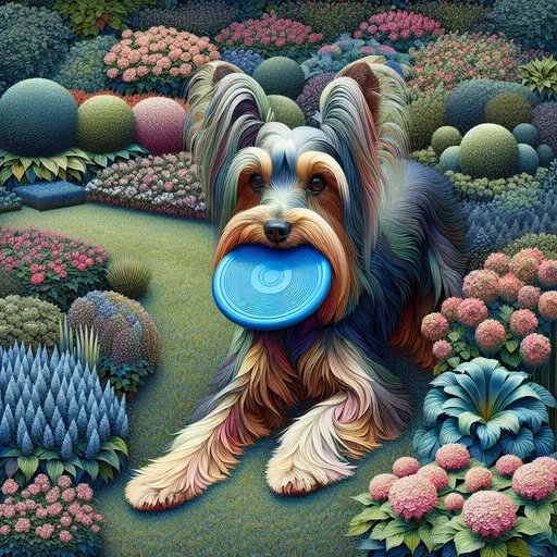 Prompt: a tall yorkshire terrier with a long muzzle and a blue frisbee in her mouth, in a garden, highly detailed, abstract