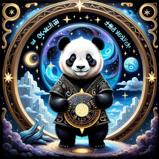 Prompt:  A detailed oil painting of an adorable little panda on top the earth, surrounded by swirling cosmic patterns and ancient runes written in otherworldly script. The background is a starry night sky with distant galaxies visible through a window. A thin mist swirls around him as he holds his golden orb. In one hand, he wields a sword that glows softly under neon lights. He wears dark covered in symbols and lace. This artwork has intricate details and a dreamy atmosphere. masterpiece, 4K
