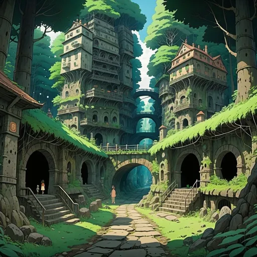 Prompt: huge underground hidden city in the forest 2d studio ghibli animated style