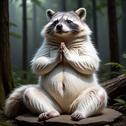 Prompt: large and tall white raccoon meditating, a white aura is wrapping him,  ((masterpiece, best quality))