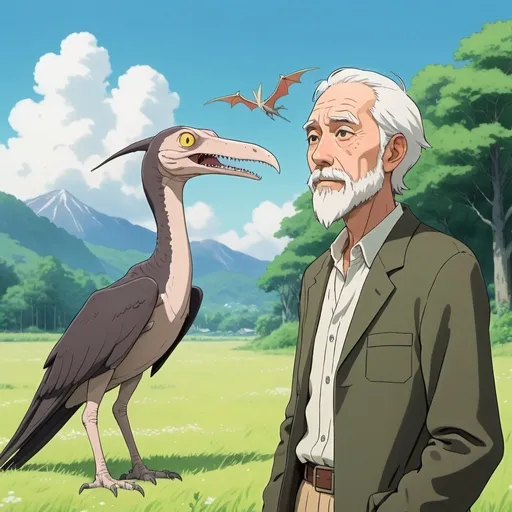 Prompt: a wiese pterodactyls in front of a wiese human with white hears and a small white beard,2d studio ghibli anime style, 