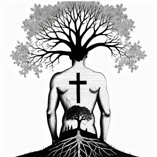 Prompt: a drawing of a person with a cross on it's back and a tree on the other side, Art & Language, context art, intricate line drawings, an abstract drawing
