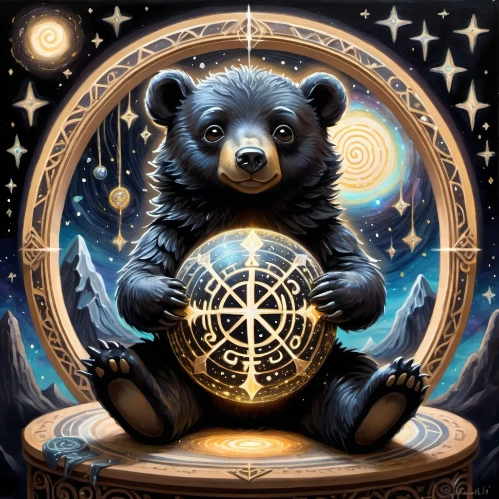 Prompt:  A detailed oil painting of an adorable little black bear sitting on top the earth, surrounded by swirling cosmic patterns and ancient runes written in otherworldly script. The background is a starry night sky with distant galaxies visible through a window. A thin mist swirls around him as he holds his golden orb. In one hand, he wields a sword that glows softly under neon lights. He wears dark covered in symbols and lace. This artwork has intricate details and a dreamy atmosphere. 
