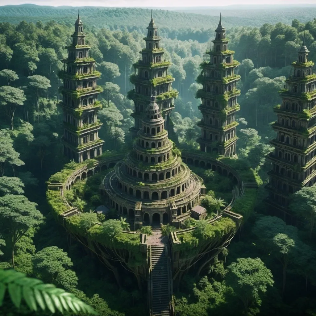 Prompt: huge hidden city in the forest 4k