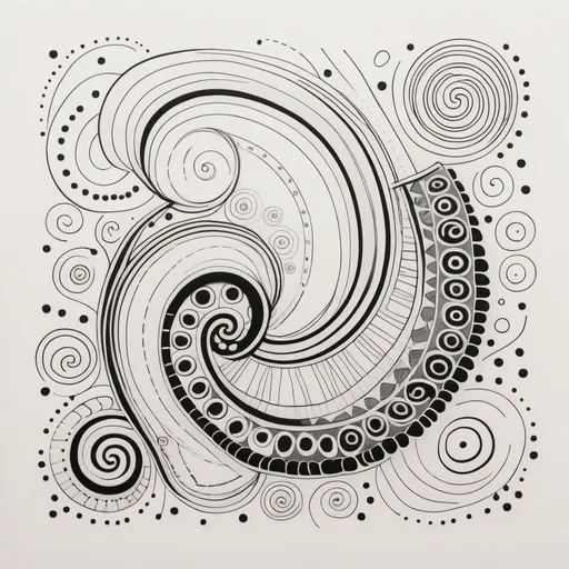 Prompt: A black and white doodle of an abstract shape with spirals, dots, lines, curves and patterns on paper. The drawing is made using simple line art techniques, creating a minimalist aesthetic. It features bold outlines to emphasize the form's texture against a solid background.