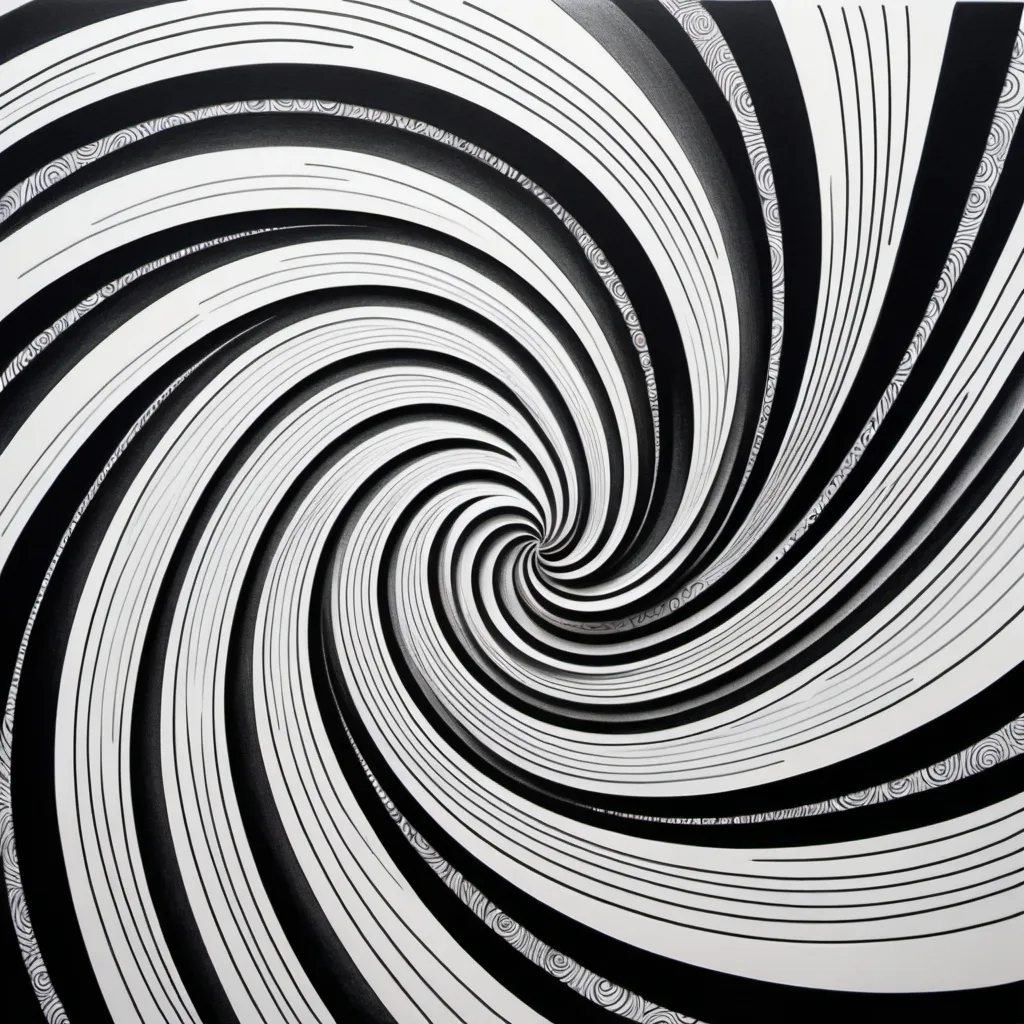 Prompt: a drawing of a black and white swirly pattern on a white paper with a blue background and a black and white pen, Art & Language, abstract illusionism, spirals, an abstract drawing