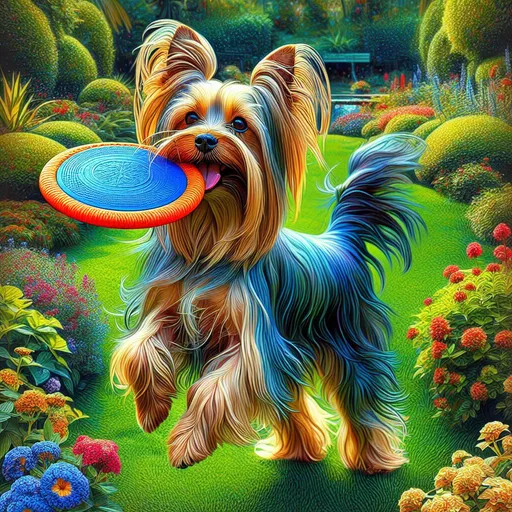 Prompt: a tall yorkshire terrier with a long muzzle and a blue frisbee in her mouth, in a garden, highly detailed, dog's commercial