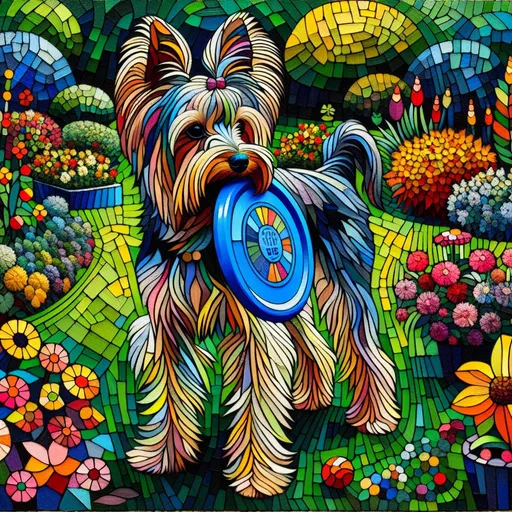 Prompt: a tall yorkshire terrier with a long muzzle and a blue frisbee in her mouth, in a garden, highly detailed, picasso