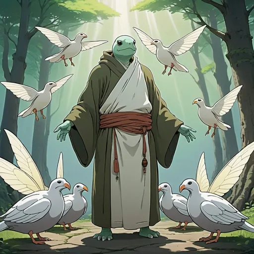 Prompt: large and tall fairy creature looking like a turtle and a human is dressing like a monk and speaking to a group of birds, a white aura is wrapping him,  2d studio ghibli anime style ((masterpiece, best quality))