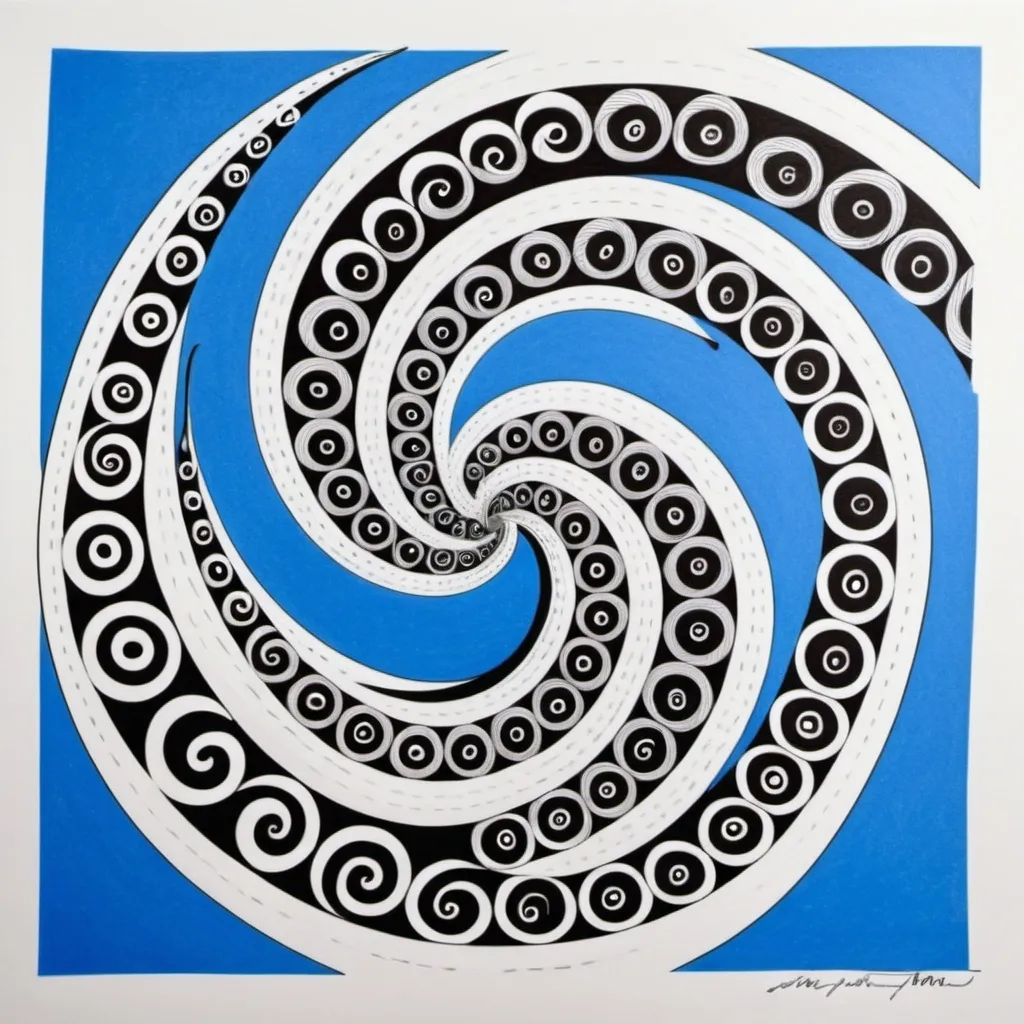 Prompt: a drawing of a black and white swirly pattern on a white paper with a blue background and a black and white pen, Art & Language, abstract illusionism, spirals, an abstract drawing