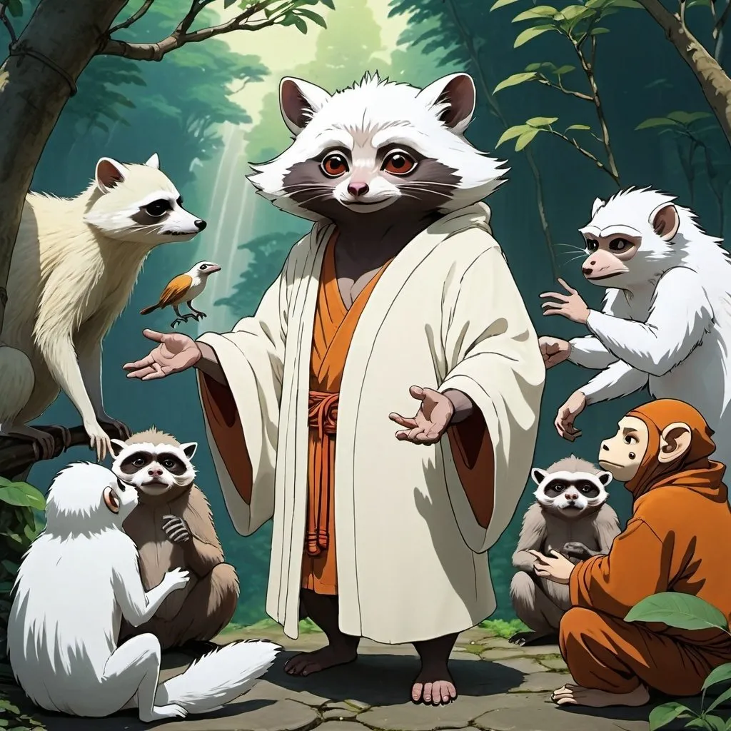 Prompt: large and tall fairy creature looking like a white raccoon and a monkey is dressing like a monk and speaking to a group of birds, a white aura is wrapping him,  2d studio ghibli anime style ((masterpiece, best quality))