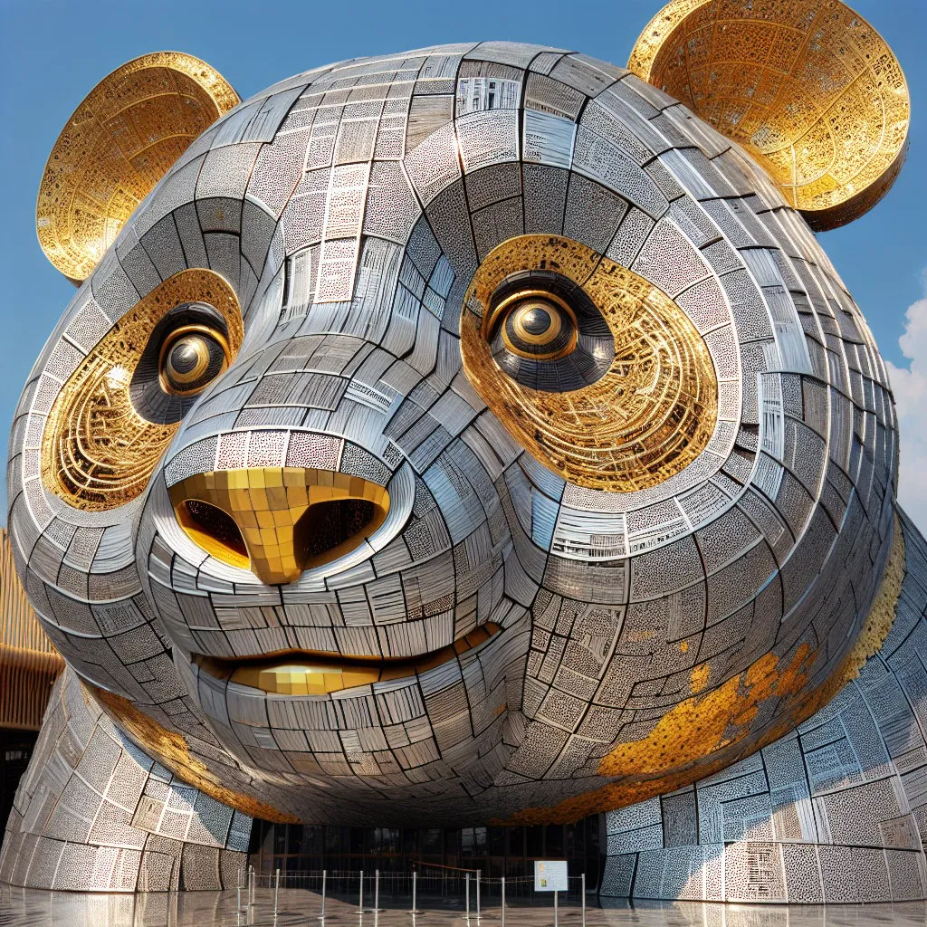 Prompt: a structure of metal and gold looking like a gigantic panda