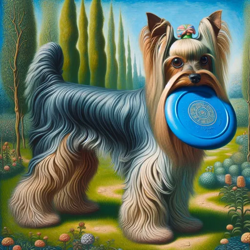 Prompt: a tall yorkshire terrier with a long muzzle and a blue frisbee in her mouth, in a garden, highly detailed, dali