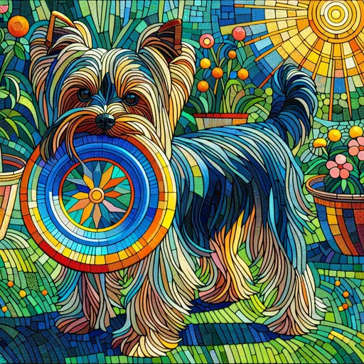 Prompt: a tall yorkshire terrier with a long muzzle and a blue frisbee in her mouth, in a garden, highly detailed, picasso