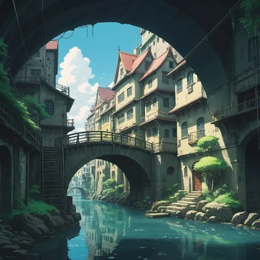 Prompt: hidden city under a river, 2d studio ghibli anime style, 4k
