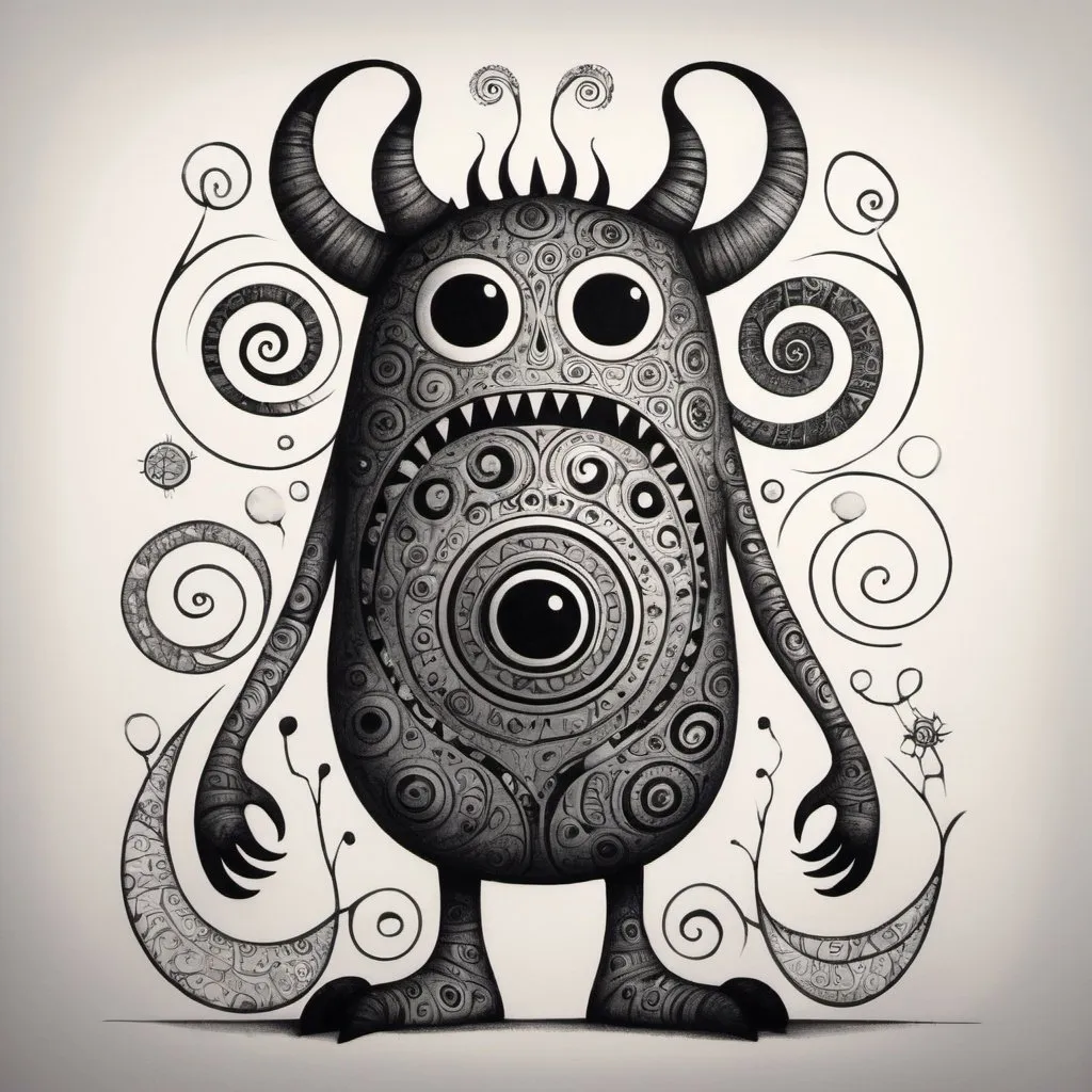 Prompt: A drawing of an abstract monster made up only with simple shapes and lines, in black ink on white paper. The design is made in the style of hand using pen. It has swirls, spirals, patterns, curves and fractal-like designs inside the body shape. There is also some text or symbols inside the creature shape. This artwork seems to have been created as part of an art project or doodle session. In its simplicity it captures my imagination. I can't help but wonder about what kind of story there could be behind such a creation. 