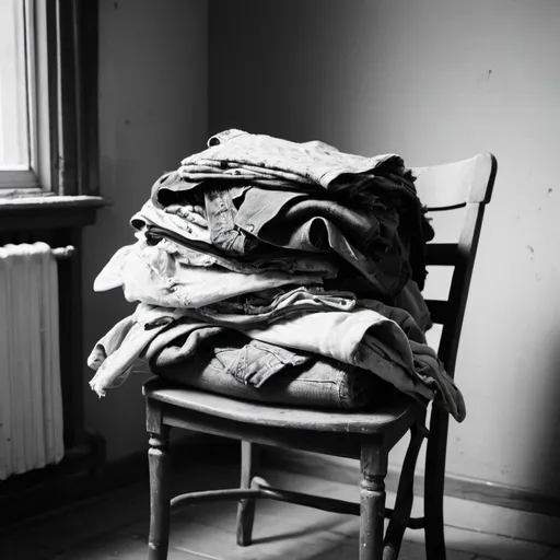 Prompt: old moth-eaten clothes piled on a chair, black and white