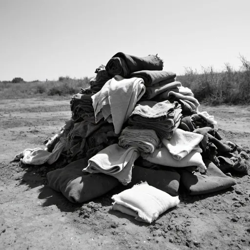 Prompt: a pile of old dirty wash rags, on the dirt ground, black and white