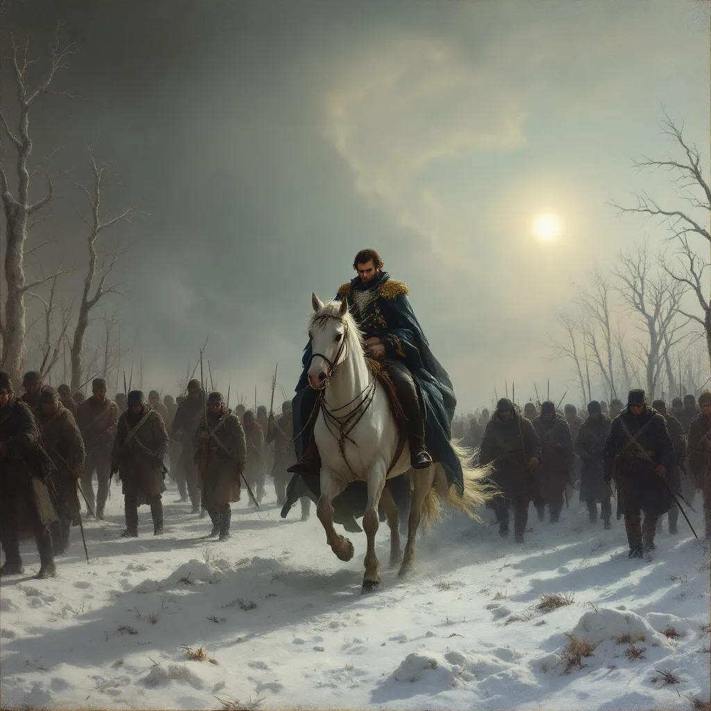 Prompt: Napoleon Bonaparte on a horse retreating with his defeated army in frozen Russia. The image should be in the style of an old painting from the 1800s.