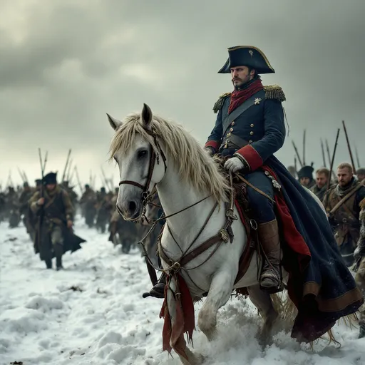 Prompt: Napoleon Bonaparte on a horse retreating with his defeated army in frozen Russia.