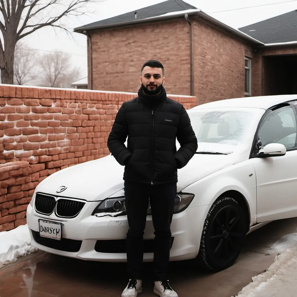 Prompt: a man standing next to a car in a driveway with a brick wall behind him and a white car behind him, Daryush Shokof, plasticien, winter, a picture