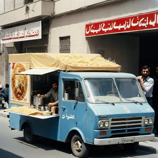 Prompt: Noodle food truck in Tehran  streets 1976